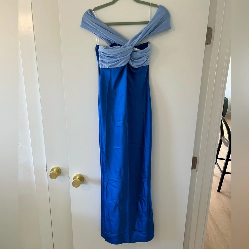 LUXE AND LIKES OFF SHOULDER SATIN MAXI DRESS BLUE - Picture 6 of 7